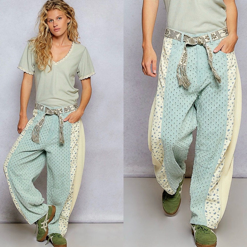 NEW POL Pale Sage Textured Twill Barrel Pants